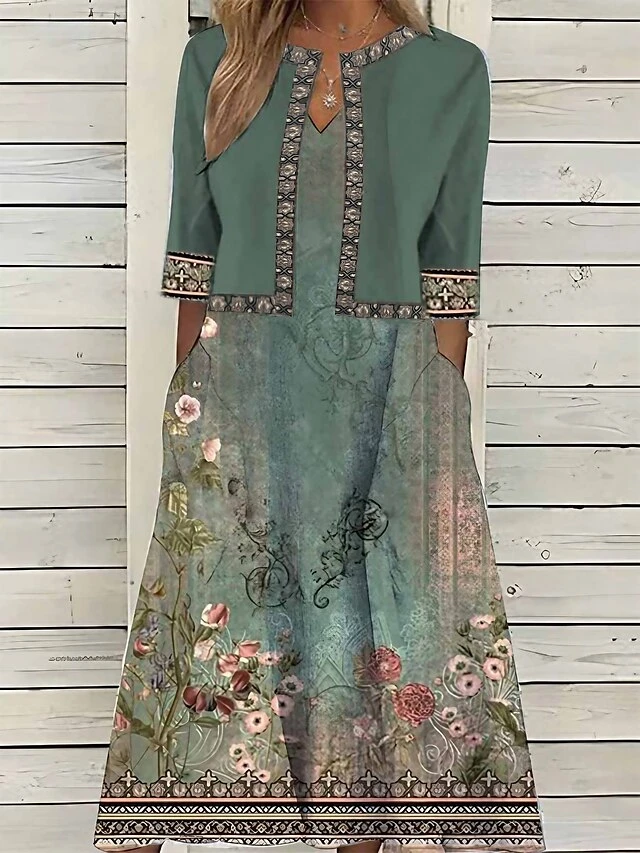 Women's Two Piece Dress Set Casual Dress Print Dress Outdoor Daily Vintage Elegant Pocket Print Midi Dress V Neck Half Sleeve Floral Regular Fit Green Summer Spring S M L XL XXL 1 Women's Two Piece Dress Set Casual Dress Print Dress Outdoor Daily Vintage Elegant Pocket Print Midi Dress V Neck Half Sleeve Floral Regular Fit Green Summer Spring S M L XL XXL