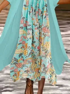 Women's Two Piece Dress Set Casual Dress Chiffon Dress Outdoor Daily Fashion Casual Print Maxi Dress Crew Neck 3/4 Length Sleeve Floral Loose Fit Pink Blue Summer Spring S M L XL XXL -Party Prom Dresses Sales Store mqazgt1679467489981