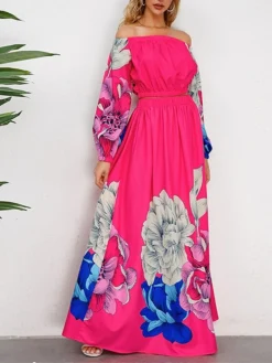 Women's Two Piece Dress Set Casual Dress Skirt Set Daily Going Out Casual Ruched Print Long Dress Maxi Dress Off Shoulder Long Sleeve Floral Regular Fit Blue Green Rose Red Fall Winter S M L XL XXL -Party Prom Dresses Sales Store mqhycc1692339426685