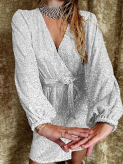 Women‘s Party Dress Sequin Dress Homecoming Dress Cocktail Dress Mini Dress Black White Champagne Long Sleeve Pure Color Sparkly Glitter Lace Up Fall Winter Autumn V Neck Wedding Guest -Party Prom Dresses Sales Store mqkumg1694592553888