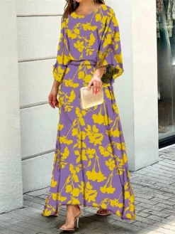 Women's Two Piece Dress Set Casual Dress Skirt Set Daily Vacation Fashion Casual Print Long Dress Maxi Dress Crew Neck Long Sleeve Floral Stripe Loose Fit White Blue Sky Blue Summer Spring S M L XL -Party Prom Dresses Sales Store mrfxmj1689836912972