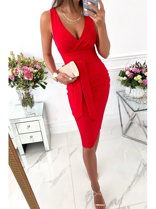 Women's Party Dress Bodycon Midi Dress Wine Red Royal Blue Sleeveless Pure Color Patchwork Summer Spring V Neck Casual 2023 S M L XL XXL 5 Women's Party Dress Bodycon Midi Dress Wine Red Royal Blue Sleeveless Pure Color Patchwork Summer Spring V Neck Casual 2023 S M L XL XXL - Image 5