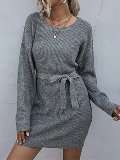 Women's Sweater Dress Jumper Dress Casual Dress Mini Dress Warm Pure Color Outdoor Casual Daily Going Out Crew Neck Long Sleeve Lace Up 2023 Loose Fit Wine Dark Gray Beige S M L -Party Prom Dresses Sales Store mrqzal1695106683052
