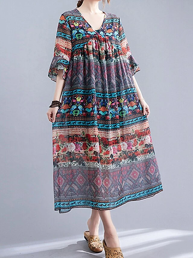 Women's Casual Dress Cotton Linen Dress Swing Dress Midi Dress Linen / Cotton Blend Fashion Classic Outdoor Daily Holiday V Neck Ruched Ruffle 3/4 Length Sleeve Fall Winter Autumn 2023 Loose Fit Blue 6 Women's Casual Dress Cotton Linen Dress Swing Dress Midi Dress Linen / Cotton Blend Fashion Classic Outdoor Daily Holiday V Neck Ruched Ruffle 3/4 Length Sleeve Fall Winter Autumn 2023 Loose Fit Blue - Image 6