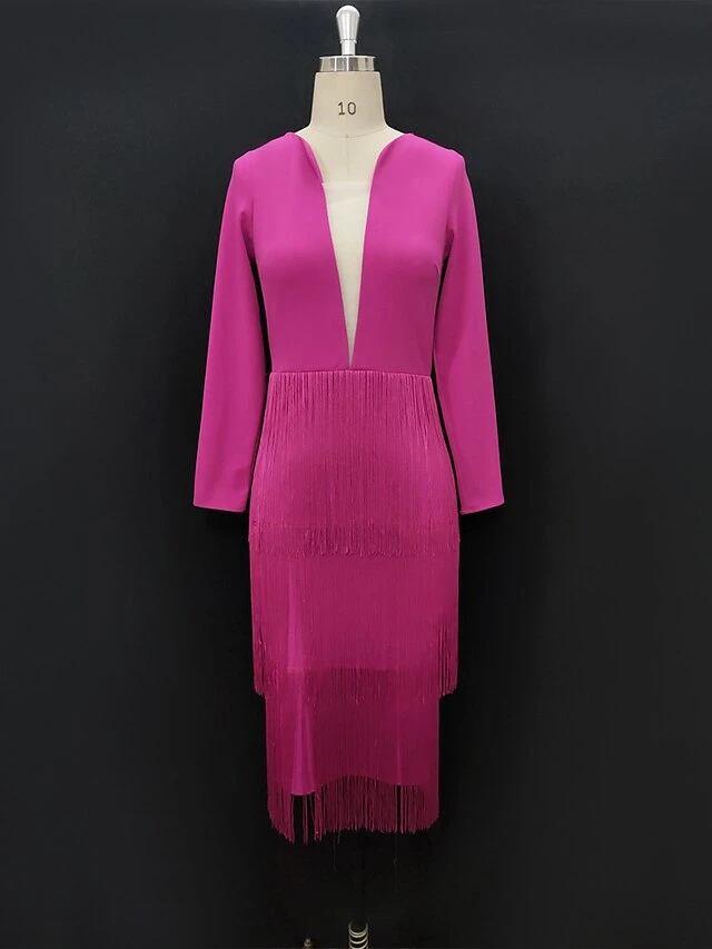 Women's Semi Formal Party Dress Fringe Dress Midi Dress Pink Long Sleeve Pure Color Tassel Fringe Winter Fall Autumn V Neck Stylish Winter Dress Fall Dress 2023 S M L XL XXL 6 Women's Semi Formal Party Dress Fringe Dress Midi Dress Pink Long Sleeve Pure Color Tassel Fringe Winter Fall Autumn V Neck Stylish Winter Dress Fall Dress 2023 S M L XL XXL - Image 6