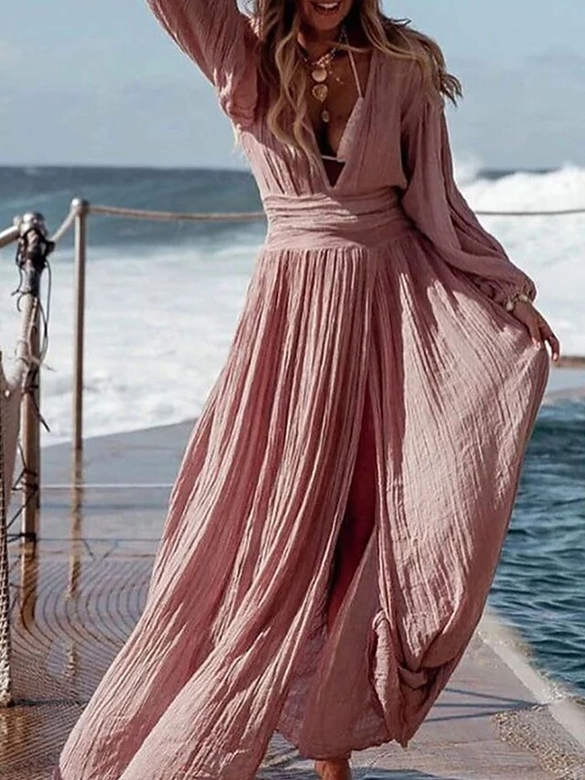 Women's Casual Dress Cotton Linen Dress Maxi Long Dress Polyester Basic Casual Daily Vacation V Neck Split Long Sleeve Summer Spring Fall 2023 Regular Fit Black White Pink Pure Color S M L XL 5 Women's Casual Dress Cotton Linen Dress Maxi Long Dress Polyester Basic Casual Daily Vacation V Neck Split Long Sleeve Summer Spring Fall 2023 Regular Fit Black White Pink Pure Color S M L XL - Image 5