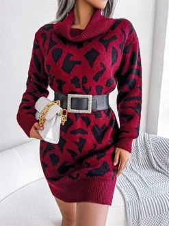 Women's Sweater Dress Jumper Dress Casual Dress Mini Dress Fashion Leopard Outdoor Daily Going Out Turtleneck Long Sleeve 2023 Loose Fit Black Wine Khaki S M L -Party Prom Dresses Sales Store mshndq1694756291469