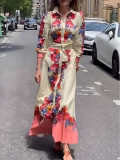 Women's Shirt Dress Casual Dress Cotton Linen Dress Maxi Long Dress Polyester Fashion Modern Outdoor Daily Vacation Shirt Collar Lace Up Button Long Sleeve Summer Spring Fall 2023 Loose Fit Red Floral