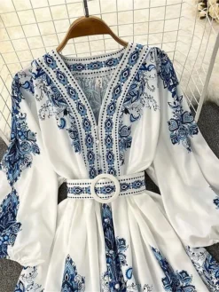 Women's Work Dress Semi Formal Dress A Line Dress Fashion Midi Dress Print V Neck Long Sleeve Floral Regular Fit Blue Summer Spring S M L XL -Party Prom Dresses Sales Store msmkrp1690857094927