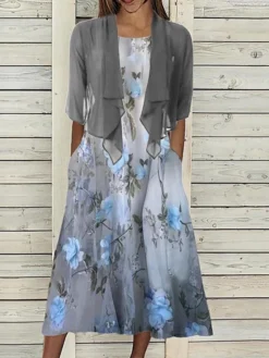 Women's Two Piece Dress Set Casual Dress Print Dress Outdoor Daily Fashion Modern Pocket Print Midi Dress Crew Neck Half Sleeve Floral Regular Fit Blue Summer Spring S M L XL XXL