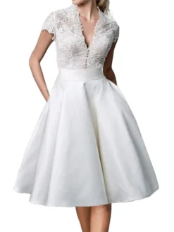 Women's Party Dress Lace Dress Homecoming Dress Midi Dress White Short Sleeve Pure Color Lace Summer Spring V Neck Stylish Party Wedding Guest Spring Dress 2023 S M L XL XXL 3XL