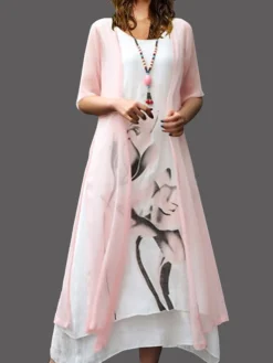 Women's Two Piece Dress Set Casual Dress Cotton Linen Dress Outdoor Daily Fashion Casual Fake Two Piece Print Midi Dress Crew Neck Short Sleeve Floral Painting Regular Fit Yellow Pink Red Summer -Party Prom Dresses Sales Store mtpakh1680146908480