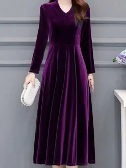 Women‘s Party Dress Wedding Guest Dress Velvet Dress Work Dress Midi Dress Black Wine Royal Blue Long Sleeve Pure Color Ruched Winter Fall Spring V Neck Fashion Spring Dress 2023 M L XL 2XL 3XL 4XL -Party Prom Dresses Sales Store mukubq1671789630086