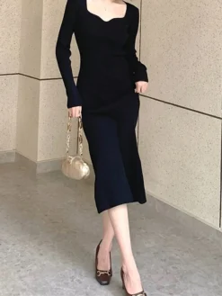 Women's Sweater Dress Jumper Dress Casual Dress Midi Dress Fashion Pure Color Outdoor Daily Vacation Going Out V Neck Long Sleeve Patchwork 2023 Regular Fit Black Pink Blue S M -Party Prom Dresses Sales Store muuvcw1695268442268