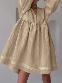 Women's Casual Dress Cotton Linen Dress Swing Dress Mini Dress Linen / Cotton Blend Fashion Modern Outdoor Daily Vacation V Neck Lace Ruched Long Sleeve Fall Winter Autumn 2023 Loose Fit Blue Brown -Party Prom Dresses Sales Store mwpfyl1692961125140