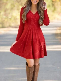 Women‘s Sweater Dress Winter Dress Black Dress Black Red Brown Long Sleeve Pure Color Knit Winter Fall V Neck Stylish Modern 2023 S M L XL 2XL -Party Prom Dresses Sales Store mwtzaw1662540030878