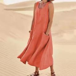 Women‘s Casual Dress Cotton Dress Shift Dress Midi Dress Blue Pink Khaki Sleeveless Pure Color Pocket Spring Summer Crew Neck Basic Daily Vacation Weekend Loose Fit 2023 S M L XL XXL -Party Prom Dresses Sales Store mxuxnt1648535263035