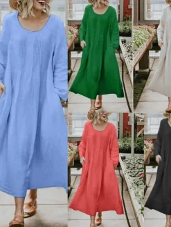 Women's Casual Dress Cotton Linen Dress Swing Dress Maxi Long Dress Linen / Cotton Blend Fashion Classic Outdoor Daily Vacation Crew Neck Ruched Pocket Long Sleeve Summer Spring Fall 2023 Loose Fit -Party Prom Dresses Sales Store mxvfzt1689325391476