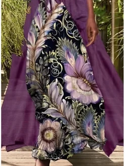 Women's Dress Set Two Piece Dress A Line Dress Long Dress Maxi Dress Blue Purple Short Sleeve Floral Ruched Summer Spring Crew Neck Elegant 2023 S M L XL XXL 3XL 4XL 5XL -Party Prom Dresses Sales Store mycfki1672367075253