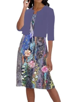 Women's Two Piece Dress Set Casual Dress Print Dress Outdoor Daily Fashion Modern Print Midi Dress Crew Neck Half Sleeve Floral Regular Fit Purple Summer Spring S M L XL XXL -Party Prom Dresses Sales Store mymtda1684755667925