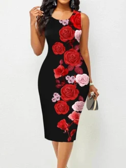 Women's Work Dress Bodycon Sheath Dress Midi Dress Black Wine Red Sleeveless Floral Print Summer Spring Crew Neck Fashion Summer Dress 2023 S M L XL XXL 3XL -Party Prom Dresses Sales Store myvnnk1653042759379