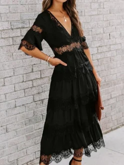 Women's Party Dress Lace Dress White Dress Midi Dress Black Pink White Half Sleeve Pure Color Lace Spring Summer V Neck S M L XL XXL -Party Prom Dresses Sales Store mznacs1630555188790