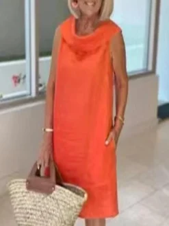 Women's Casual Dress Cotton Linen Dress Shift Dress Midi Dress Cotton Blend Fashion Basic Outdoor Daily Vacation Cowl Neck Pocket Sleeveless Summer Spring 2023 Loose Fit Black Yellow Pink Plain S M L -Party Prom Dresses Sales Store mznbrb1682401177987
