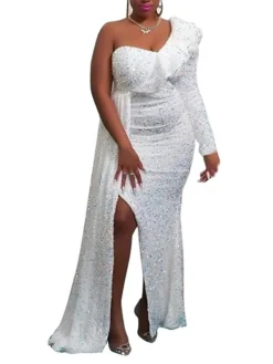 Women‘s Prom Dress Party Dress Sequin Dress Long Dress Maxi Dress White Pink Wine Long Sleeve Pure Color Sparkly Glitter Sequins Spring Fall Winter One Shoulder Fashion Winter Dress Wedding -Party Prom Dresses Sales Store nagkun1693808447022