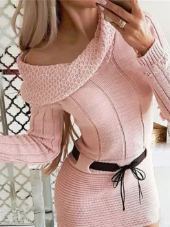 Women's Sweater Dress Jumper Dress Casual Dress Mini Dress Warm Pure Color Outdoor Casual Daily Going Out V Neck Long Sleeve 2023 Slim Pink S M L XL