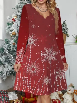 Women's Work Dress Casual Dress Fashion Winter Dress Christmas Daily Mini Dress Print V Neck Long Sleeve Santa Claus Snowman Regular Fit Black Wine Red Fall Winter S M L XL XXL -Party Prom Dresses Sales Store nawbfv1695888021284