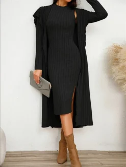 Women's Two Piece Dress Set Casual Dress Sheath Dress Home Daily Fashion Streetwear Split Midi Dress Stand Collar Long Sleeve Plain Slim Black Army Green Gray Fall Winter S M L XL XXL -Party Prom Dresses Sales Store nbcdhz1695813713301