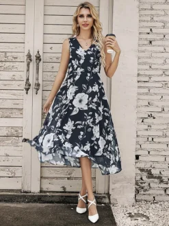 Women's Two Piece Dress Set Casual Dress Chiffon Dress Outdoor Daily Fashion Elegant Print Midi Dress V Neck Half Sleeve Floral Regular Fit Black Pink Gray Summer Spring S M L XL XXL -Party Prom Dresses Sales Store nbjlfj1695873669701