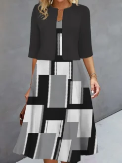 Women's Two Piece Dress Set Casual Dress Print Dress Outdoor Daily Fashion Elegant Print Midi Dress V Neck Half Sleeve Floral Geometric Regular Fit Silver Wine Navy Blue Fall Winter S M L XL XXL -Party Prom Dresses Sales Store nbqwve1693278303529