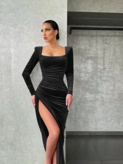 Women's Party Dress Wedding Wine Red Velvet Dress Midi Dress Blue Dark Green Dark Gray Black Long Sleeve Pure Color Ruched Split -Party Prom Dresses Sales Store nbwwmm1668517531359