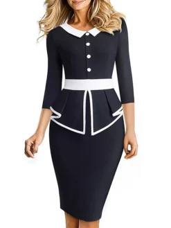 Women's Blazer Dress A Line Dress Church Dress Midi Dress Black White 3/4 Length Sleeve Striped Ruched Fall Winter Autumn Shirt Collar Work Slim 2023 S M L XL XXL