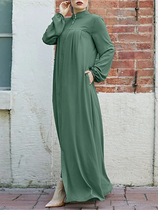 Women's Work Dress Swing Dress Black Dress Classic Long Dress Maxi Dress Zipper Pocket Stand Collar Long Sleeve Plain Loose Fit Black Brown Green Fall Winter S M L XL XXL 4 Women's Work Dress Swing Dress Black Dress Classic Long Dress Maxi Dress Zipper Pocket Stand Collar Long Sleeve Plain Loose Fit Black Brown Green Fall Winter S M L XL XXL - Image 4
