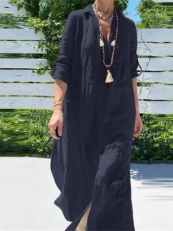 Women's Shirt Dress Cotton Linen Dress Casual Dress Maxi Long Dress Cotton And Linen Basic Casual Outdoor Daily Shirt Collar Split Long Sleeve Summer Spring Fall 2023 Loose Fit Navy Blue Orange Green -Party Prom Dresses Sales Store ndkffr1681380581429