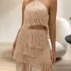 Women's Two Piece Dress Set Party Dress Skirt Set Party Holiday Fashion Party Tassel Fringe Backless Mini Dress Halter Neck Sleeveless Plain Slim Khaki Spring Fall S M L