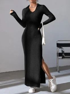 Women's Sweater Dress Winter Dress Jumper Dress Long Dress Maxi Dress Split Daily Date Going Out Active Fashion V Neck Long Sleeve 2023 Slim Black Brown Color S M L Size -Party Prom Dresses Sales Store ndxtth1693559542995