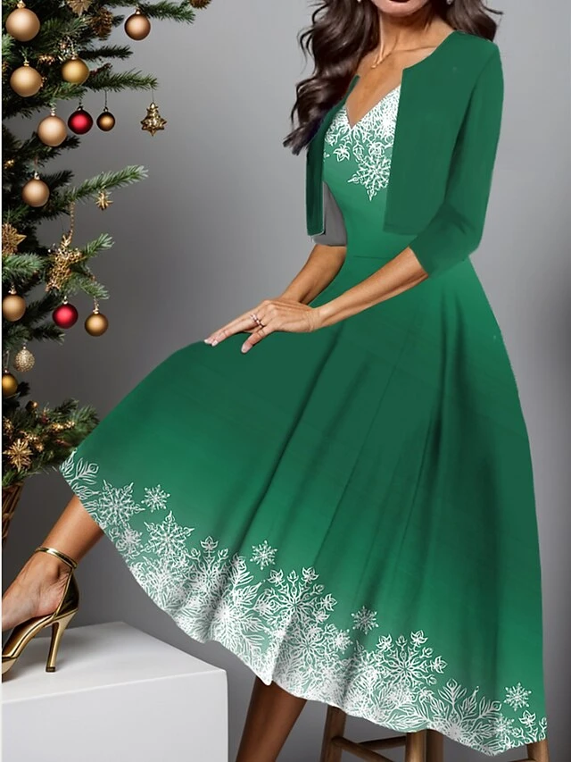 Women's Two Piece Dress Set Casual Dress Swing Dress Outdoor Christmas Fashion Elegant Print Midi Dress V Neck Half Sleeve Snowflake Ombre Regular Fit Burgundy Navy Blue Blue Fall Winter S M L XL XXL 3 Women's Two Piece Dress Set Casual Dress Swing Dress Outdoor Christmas Fashion Elegant Print Midi Dress V Neck Half Sleeve Snowflake Ombre Regular Fit Burgundy Navy Blue Blue Fall Winter S M L XL XXL - Image 3