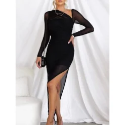 Women's Party Dress Cocktail Dress Wedding Guest Dress Midi Dress Black Long Sleeve Pure Color Mesh Fall Winter Autumn V Neck Fashion Winter Dress Wedding Guest Birthday 2023 S M L XL XXL -Party Prom Dresses Sales Store neltsf1695634174713