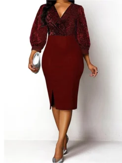 Women‘s Christmas Party Dress Cocktail Dress Sequin Dress Midi Dress Wine Blue Green Long Sleeve Pure Color Split Fall Winter Autumn V Neck Fashion Winter Dress Vacation Fall Dress 2023 S M L XL XXL -Party Prom Dresses Sales Store nervxz1694591950095