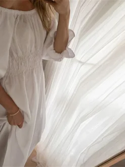 Women's Casual Dress Cotton Linen Dress White Dress Maxi Long Dress Linen / Cotton Blend Basic Classic Outdoor Daily Vacation Off Shoulder Backless Split Half Sleeve Summer Spring Fall 2023 Loose Fit -Party Prom Dresses Sales Store nfawec1689325821068