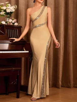 Women‘s Prom Dress Party Dress Sequin Dress Long Dress Maxi Dress Black Champagne Sleeveless Pure Color Sparkly Glitter Sequins Spring Fall Winter One Shoulder Fashion Wedding Guest Birthday