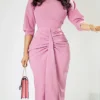 Women's Work Dress Sheath Dress White Dress Fashion Midi Dress Ruched Crew Neck Half Sleeve Plain Regular Fit White Pink Royal Blue Fall Winter S M L XL XXL