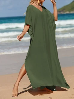 Women's White Dress A Line Dress Cover Up Long Dress Maxi Dress Cotton Basic Casual Outdoor Daily Vacation V Neck Split 3/4 Length Sleeve Summer Spring Fall 2022 Loose Fit Black White Yellow Plain -Party Prom Dresses Sales Store ngnvin1672828152648