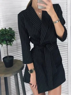 Women's Shirt Dress Casual Dress Sheath Dress Mini Dress Outdoor Office Business Polyester Classic Modern Shirt Collar Lace Up Print Long Sleeve Summer Spring Fall 2023 Loose Fit Black Striped S M L