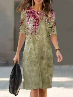 Women's Shirt Dress Casual Dress Cotton Linen Dress Midi Dress Polyester Fashion Casual Daily Outdoor Daily Vacation Crew Neck Button Print 3/4 Length Sleeve Spring Fall Autumn 2023 Loose Fit Yellow