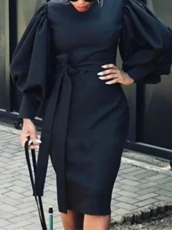 Women's Work Dress Casual Dress Sheath Dress Fashion Winter Dress Office Daily Midi Dress Lace Up Ruched Crew Neck Long Sleeve Plain Regular Fit Black White Red Fall Winter S M L XL XXL -Party Prom Dresses Sales Store nhbpvh1695635306452