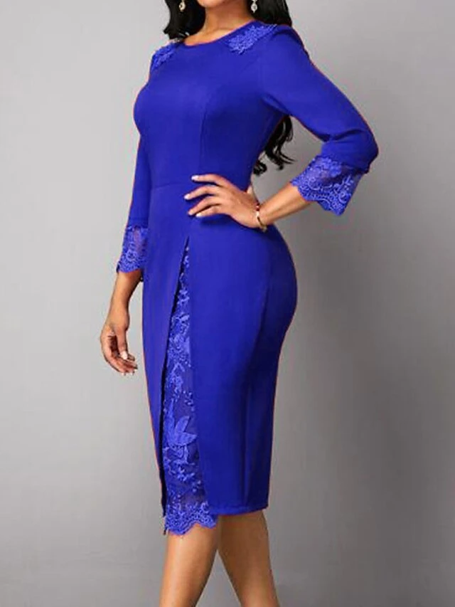 Women's Work Dress Sheath Dress Semi Formal Dress Fashion Office Daily Workfashion Midi Dress Lace Patchwork Crew Neck 3/4 Length Sleeve Plain Slim Red Blue Purple Fall Winter S M L XL XXL 4 Women's Work Dress Sheath Dress Semi Formal Dress Fashion Office Daily Workfashion Midi Dress Lace Patchwork Crew Neck 3/4 Length Sleeve Plain Slim Red Blue Purple Fall Winter S M L XL XXL - Image 4